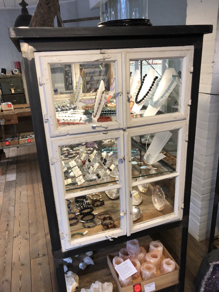 Old Wooden White Metal Glass Display Cabinet Vindustrial