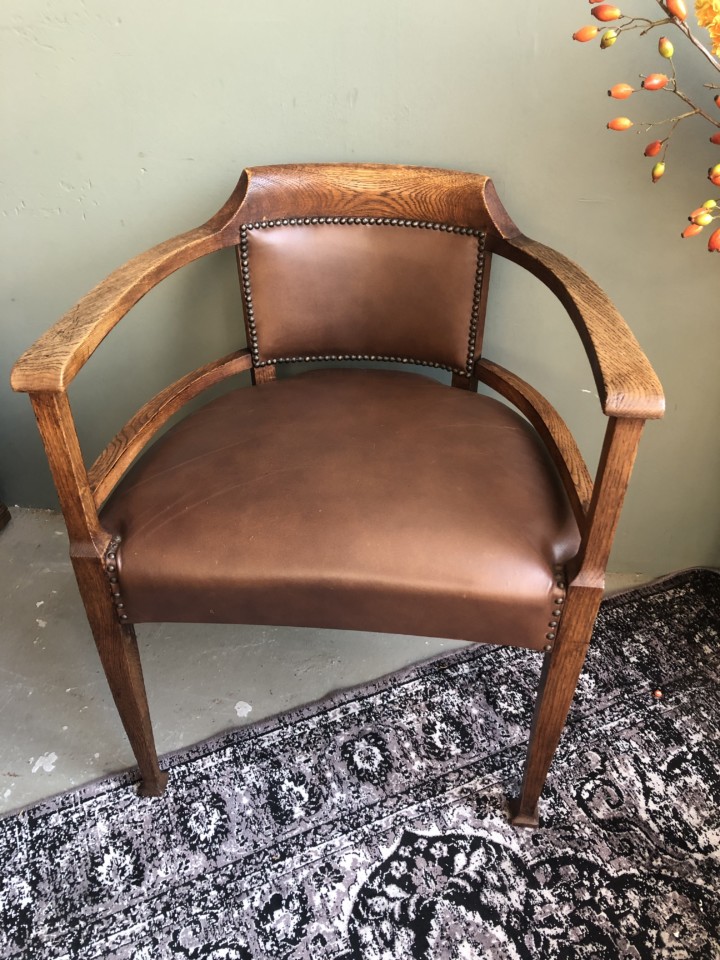 Oak Art Deco Office Chair With Brown Leather Vindustrial