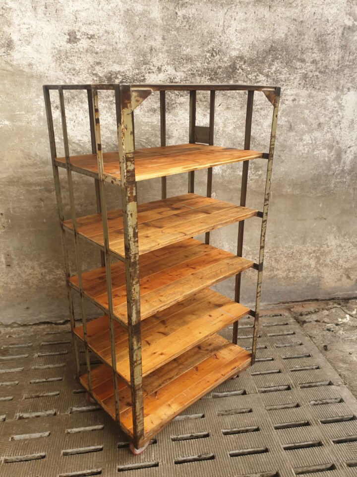 Old Industrial Cupboard With Beautiful, Wooden Shelves On Wheels